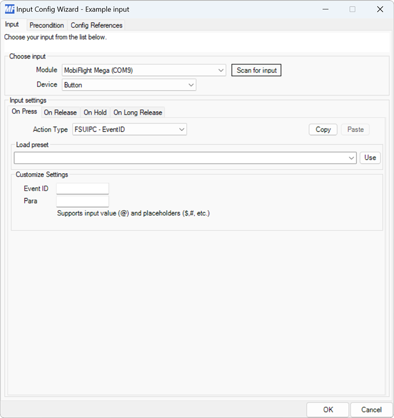 Screenshot of a button input with the FSUIPC - Event ID action type selected.