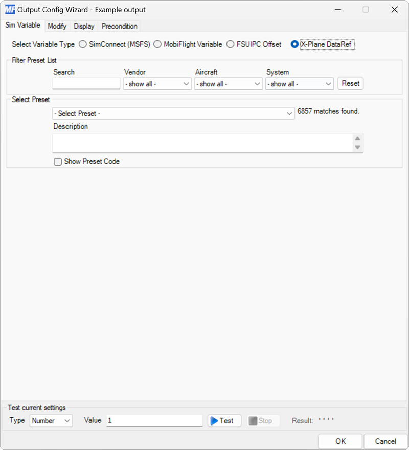 Screenshot of an output configuration with the X-Plane DataRef output variable type selected.