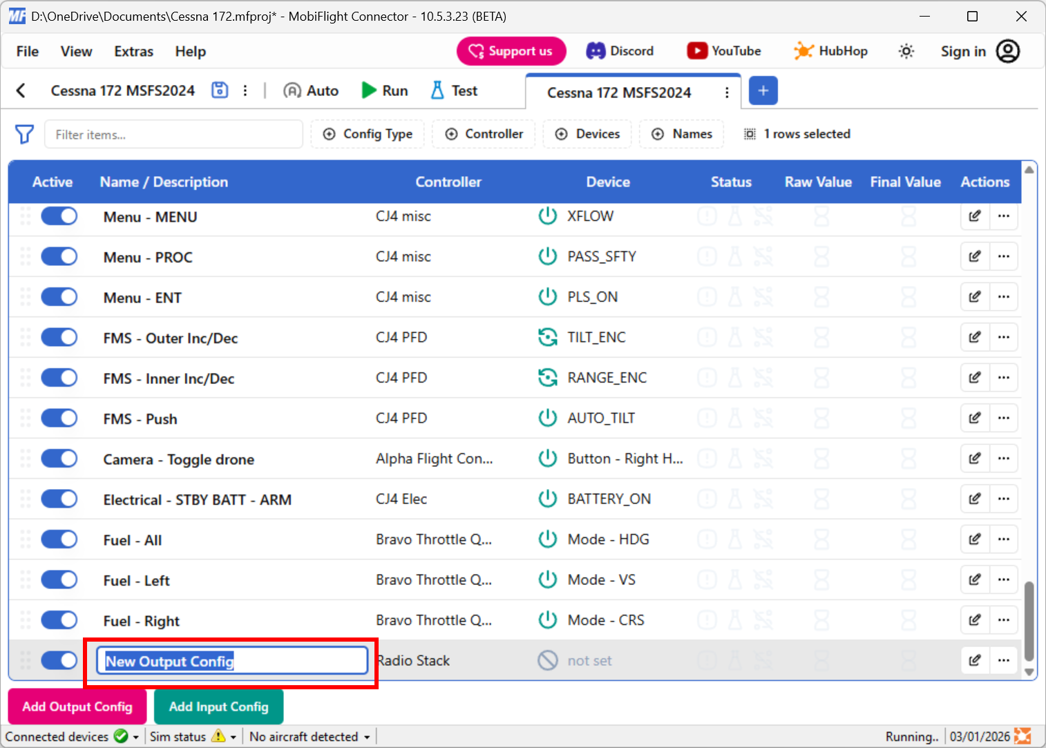 Screenshot of the main window with the New Output Config row text selected and highlighted.