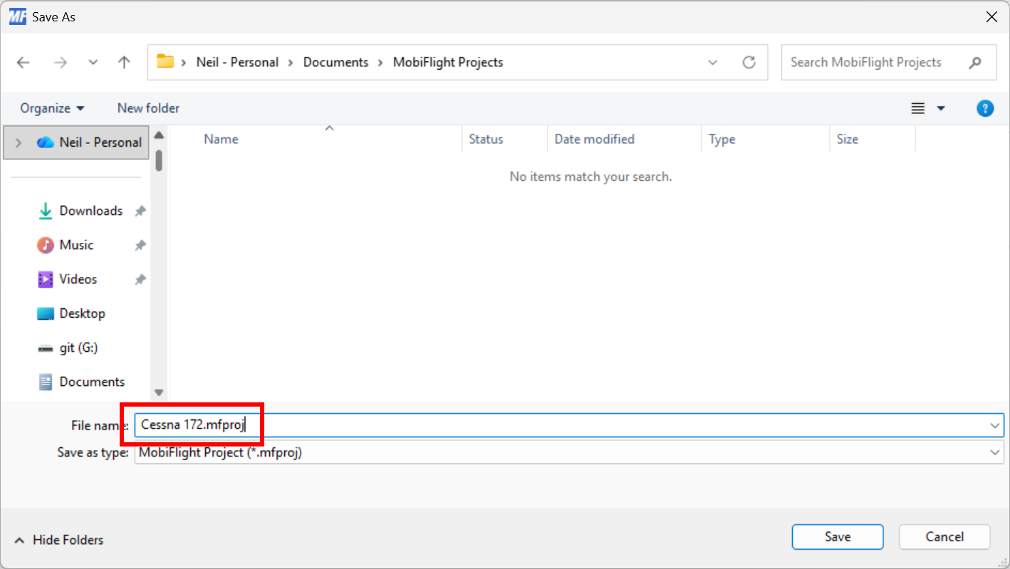 Screenshot of the file save dialog with the filename set to Cessna 172 and highlighted.