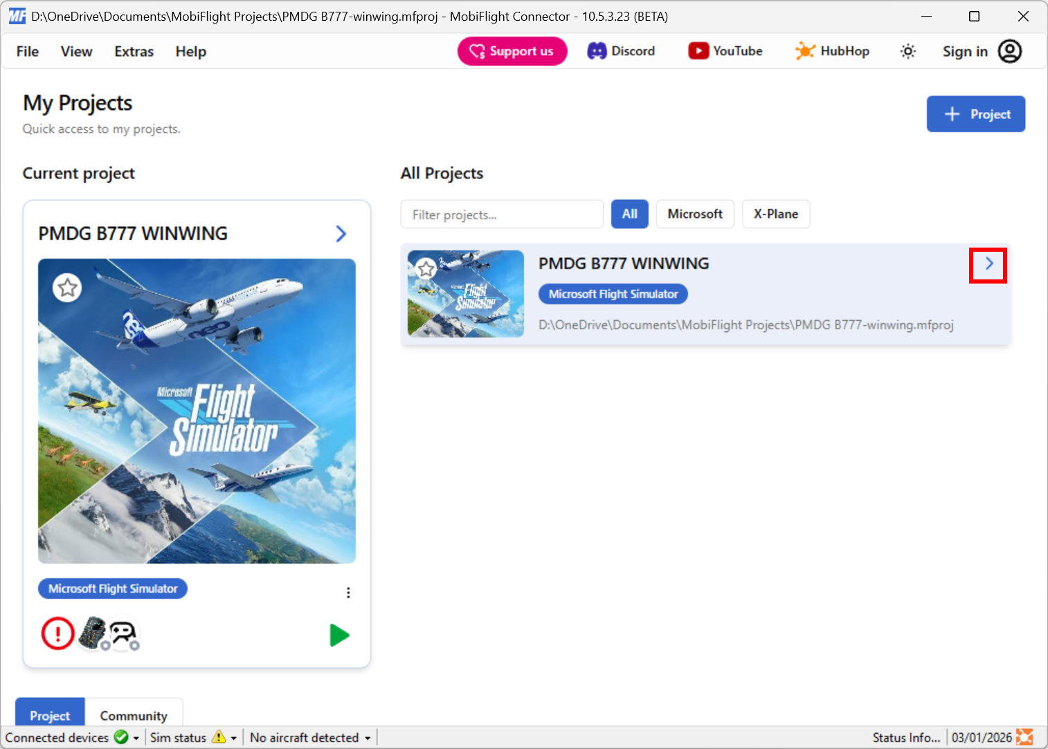 Screenshot of the main MobiFlight window with > highlighted on a recent project.