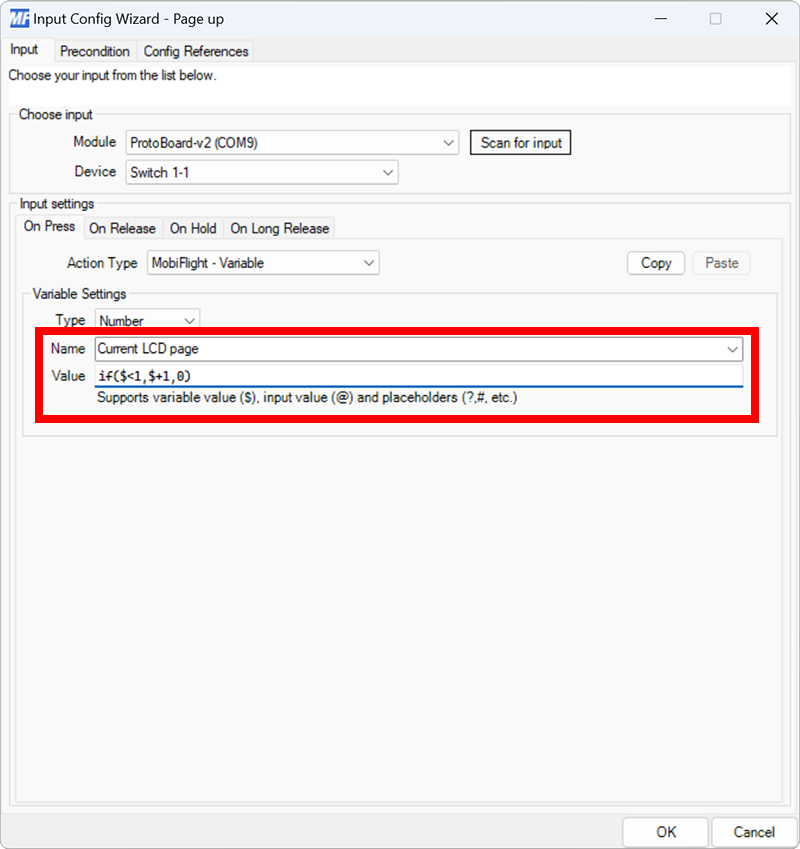 Screenshot of an input configuration mapped to a button, configured as a MobiFlight - Variable action type.