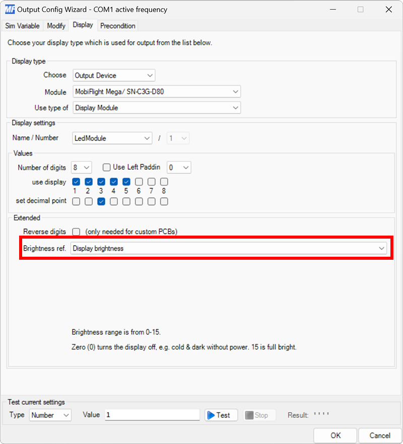 Screenshot of the 7-segment display output configuration with the Display tab selected, and the Brightness ref dropdown set to Display brightness.