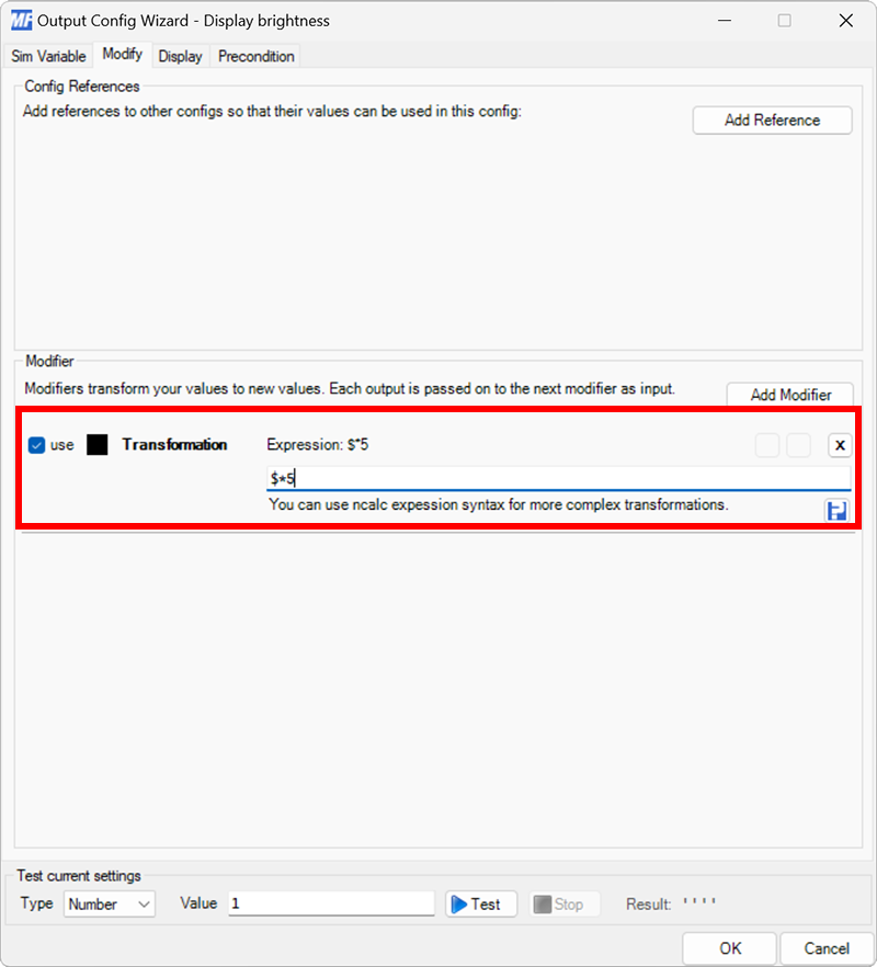 Screenshot of an output configuration with the Modify tab selected and a transform modifier added.