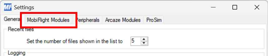 Screenshot of the Settings dialog with the MobiFlight Modules tab highlighted.